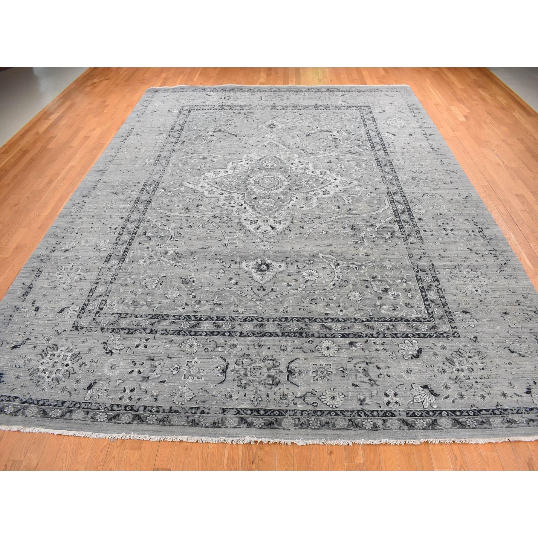 Fossil Gray, Broken and Erased Persian Design, Silk with Textured Wool, Hand Knotted, Oversized Oriental Rug
Primary materials: Wool & Silk
Latex: No Pile 
height: 0.25 Inches
Style: Transitional
Primary color: Grey
Secondary colors: Charcoal Black,