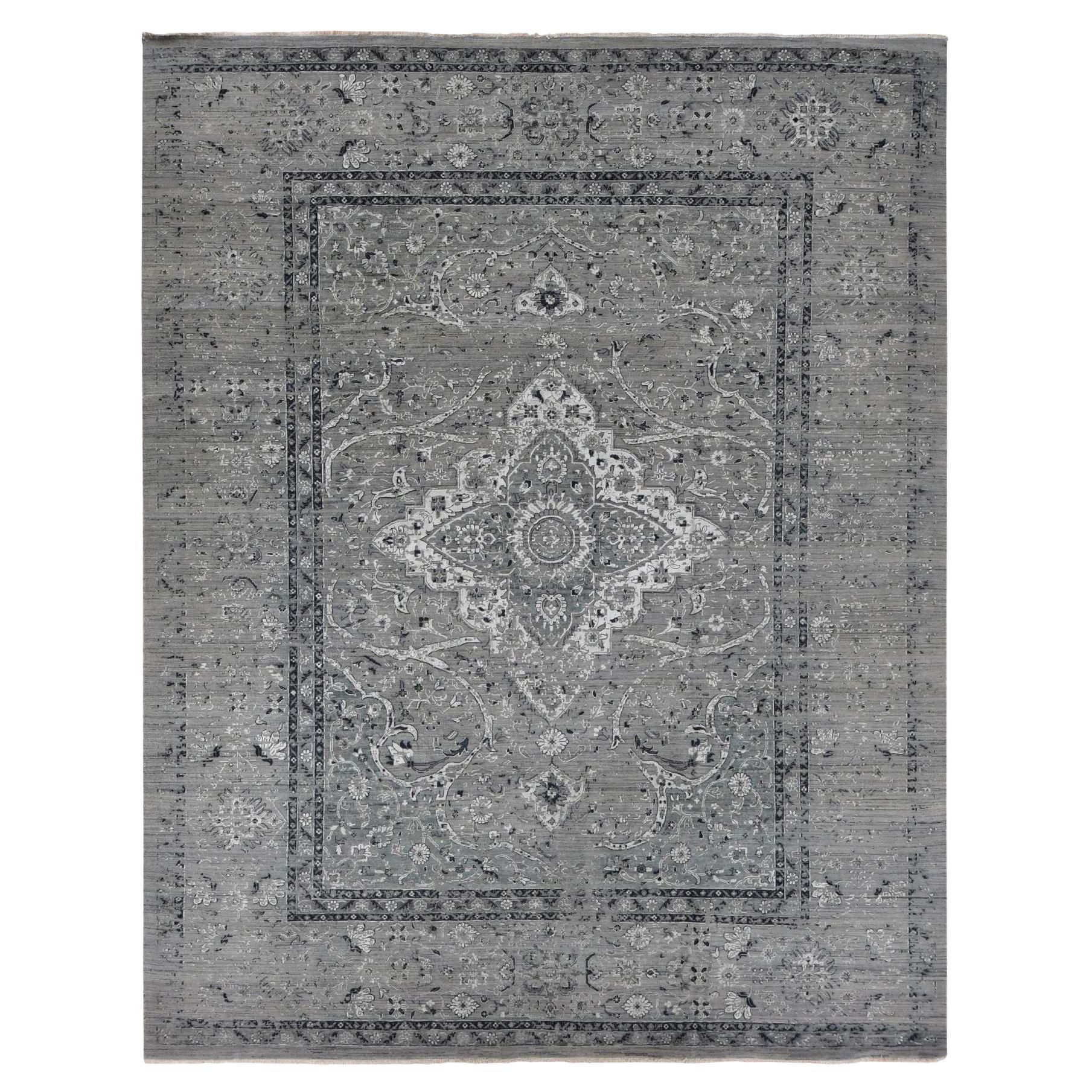 12'x15'5" Fossil Gray Erased Persian Design Silk Textured Wool Hand Knotted Rug
