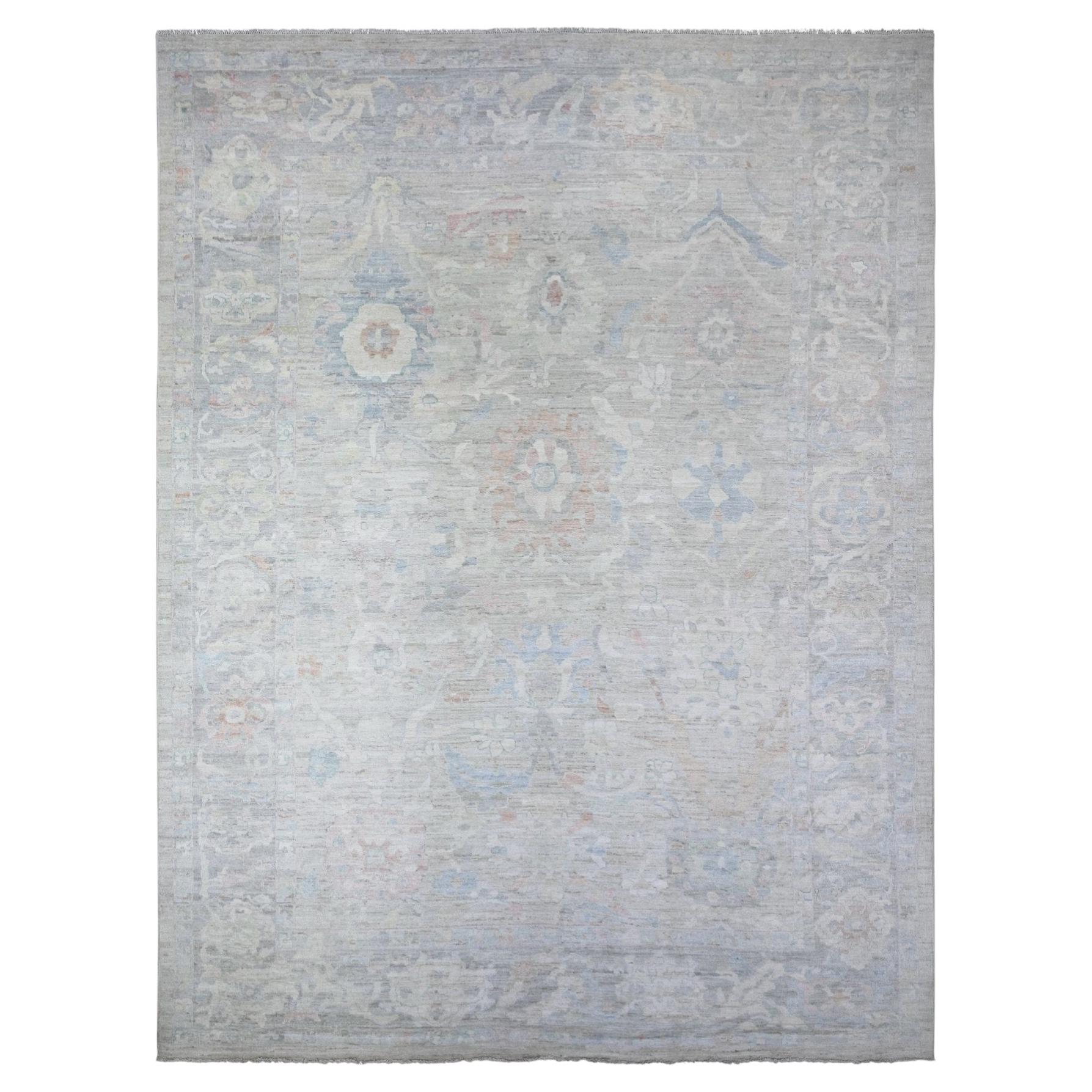 12'x15'5" Gray Hand Knotted Afghan Angora Oushak with Leaf Design Wool XL Rug