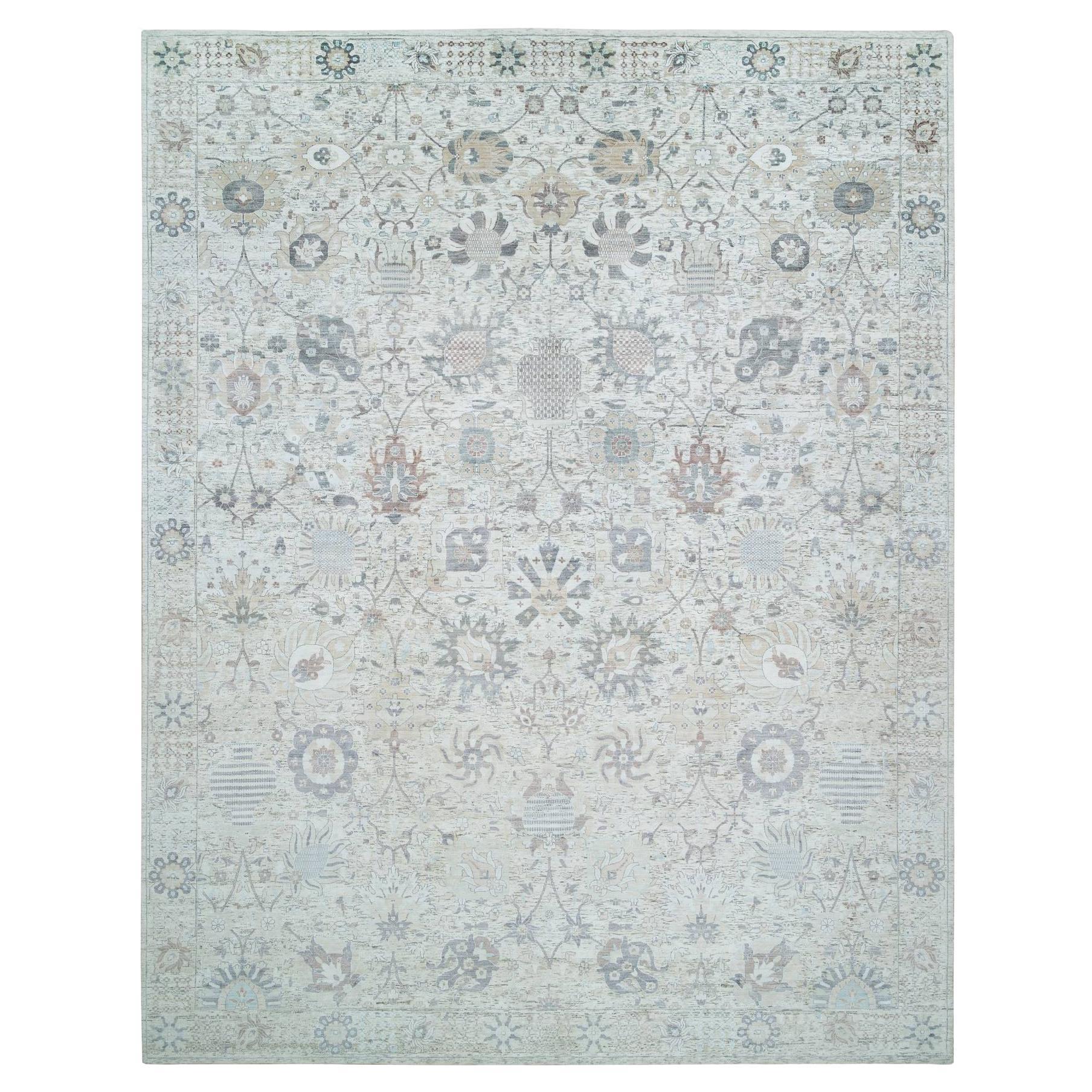 Tappeto orientale 12'x15'5" avorio in seta e lana annodato a mano con disegno di vaso Tebraz