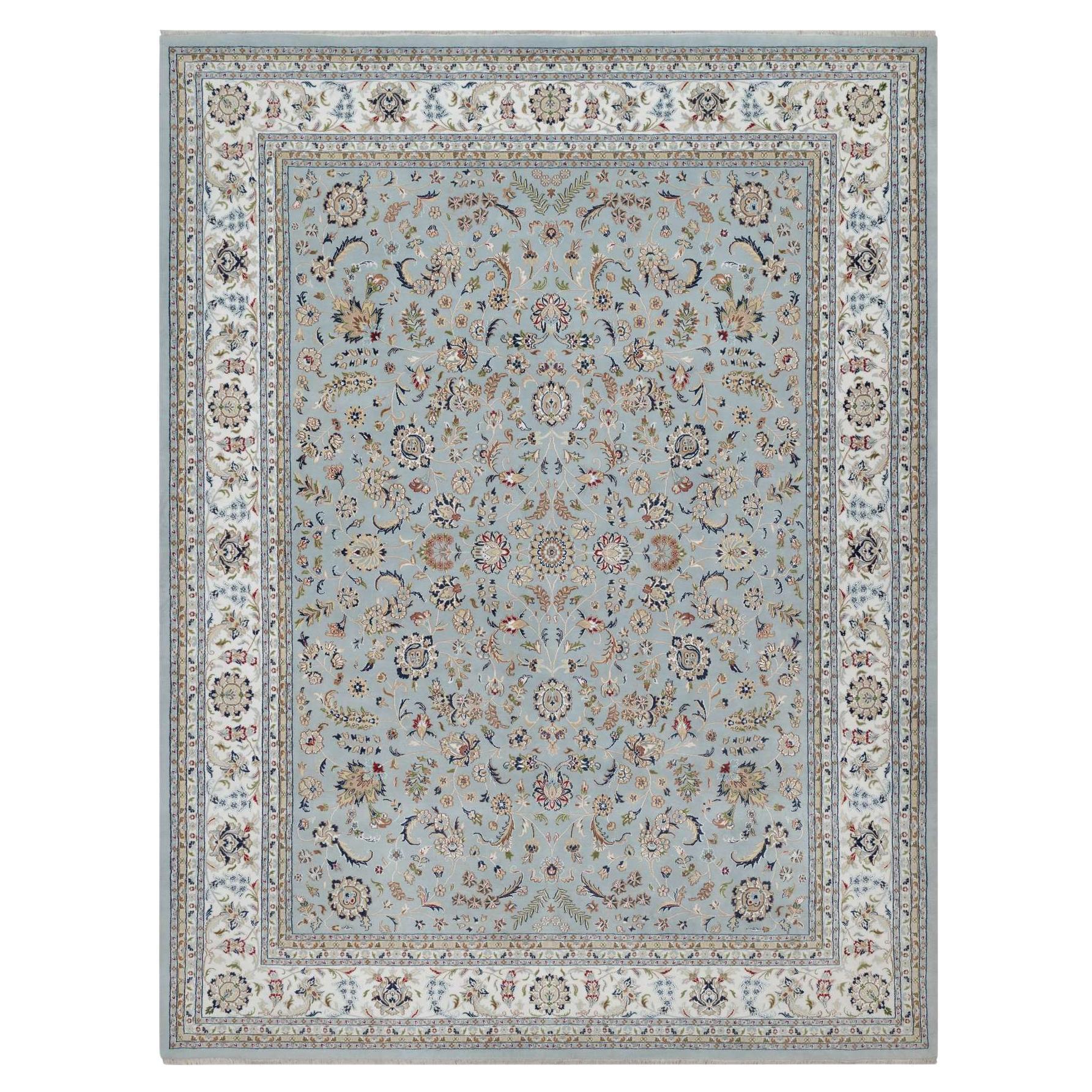 12'x15'7" Beau Blue Nain con motivo floreale in lana e seta annodato a mano XL Rugs
