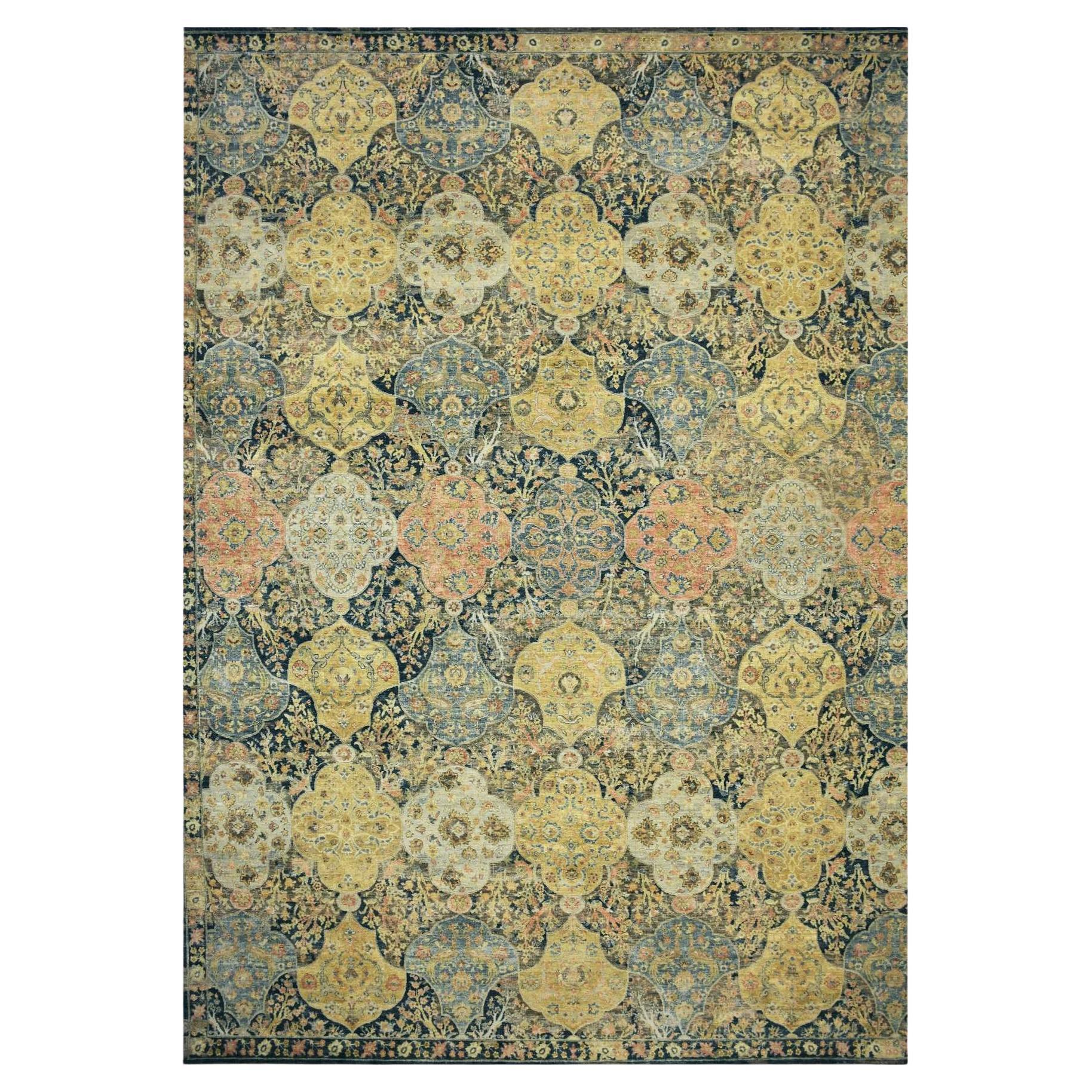 12
x15
7" Schwarz mit gelbem sich wiederholendem Emblem Design Handgeknüpfter Teppich aus reiner Wolle im Angebot