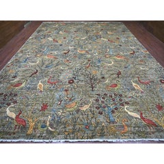12'x15'7" Gris Peshawar con Diseño Aves del Paraíso Alfombra de Lana Suave Anudada a Mano