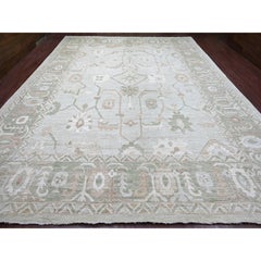 12'x15'7" Light Green Afghan Angora Oushak Vines Design Hand Knotted Wool Rug