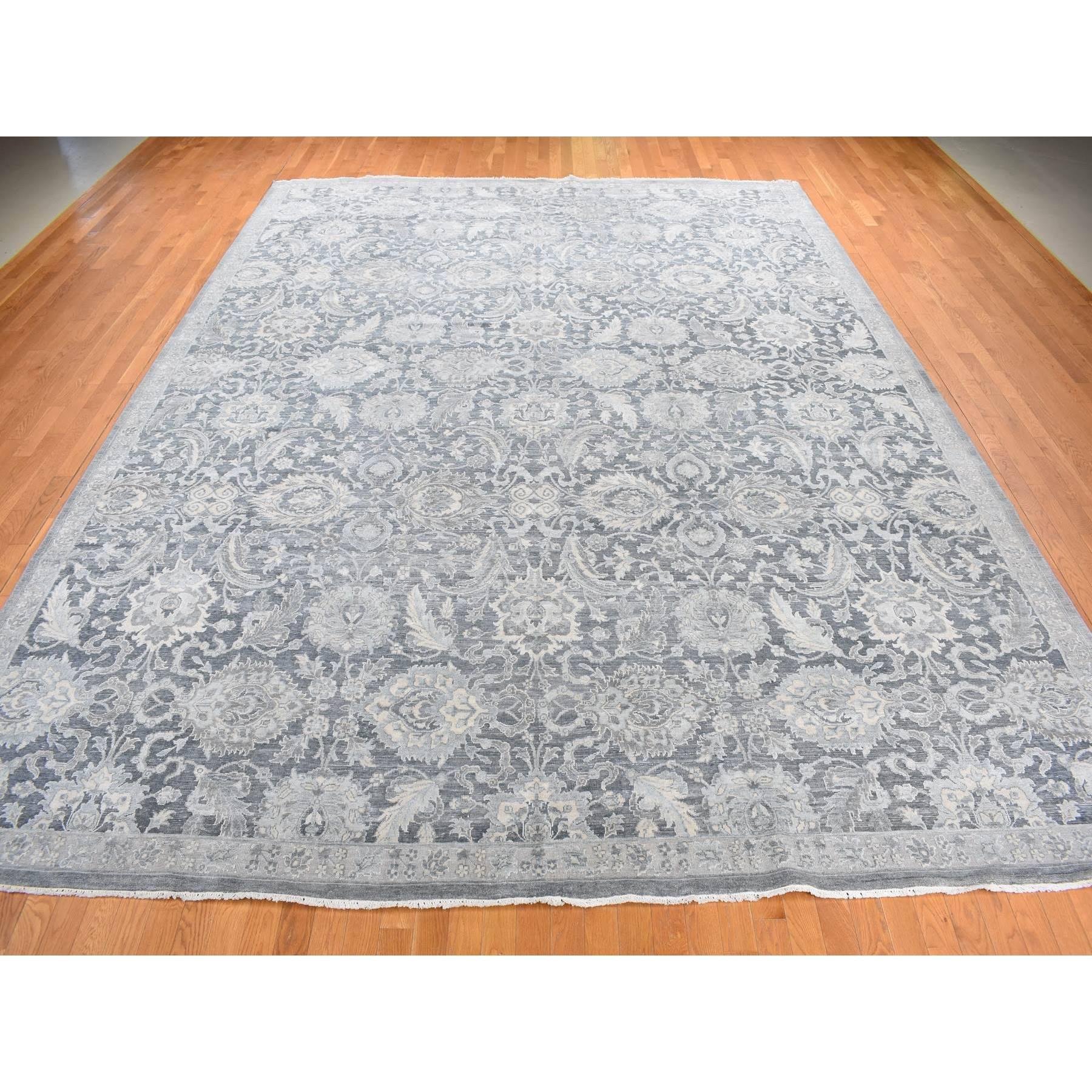 Ash Gray, Hand Knotted, Oushak Influence, Silk with Textured Wool, Oversized Oriental Rug
Primary materials: Wool & Silk
Latex: No Pile 
height: 0.25 Inches
Style: Transitional
Primary color: Grey
Secondary colors: Ivory, Gray
Pattern: Oriental