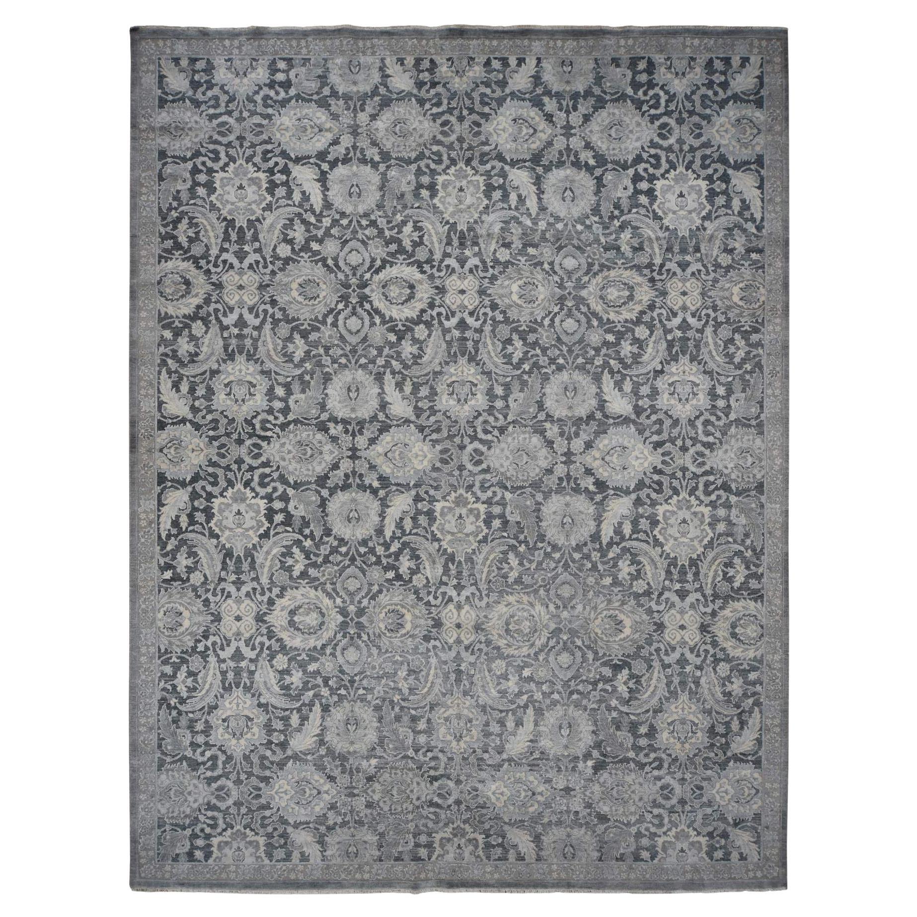 12'x15'8" Ash Gray Hand Knotted Oushak Influence Silk with Wool Oversized Rug For Sale