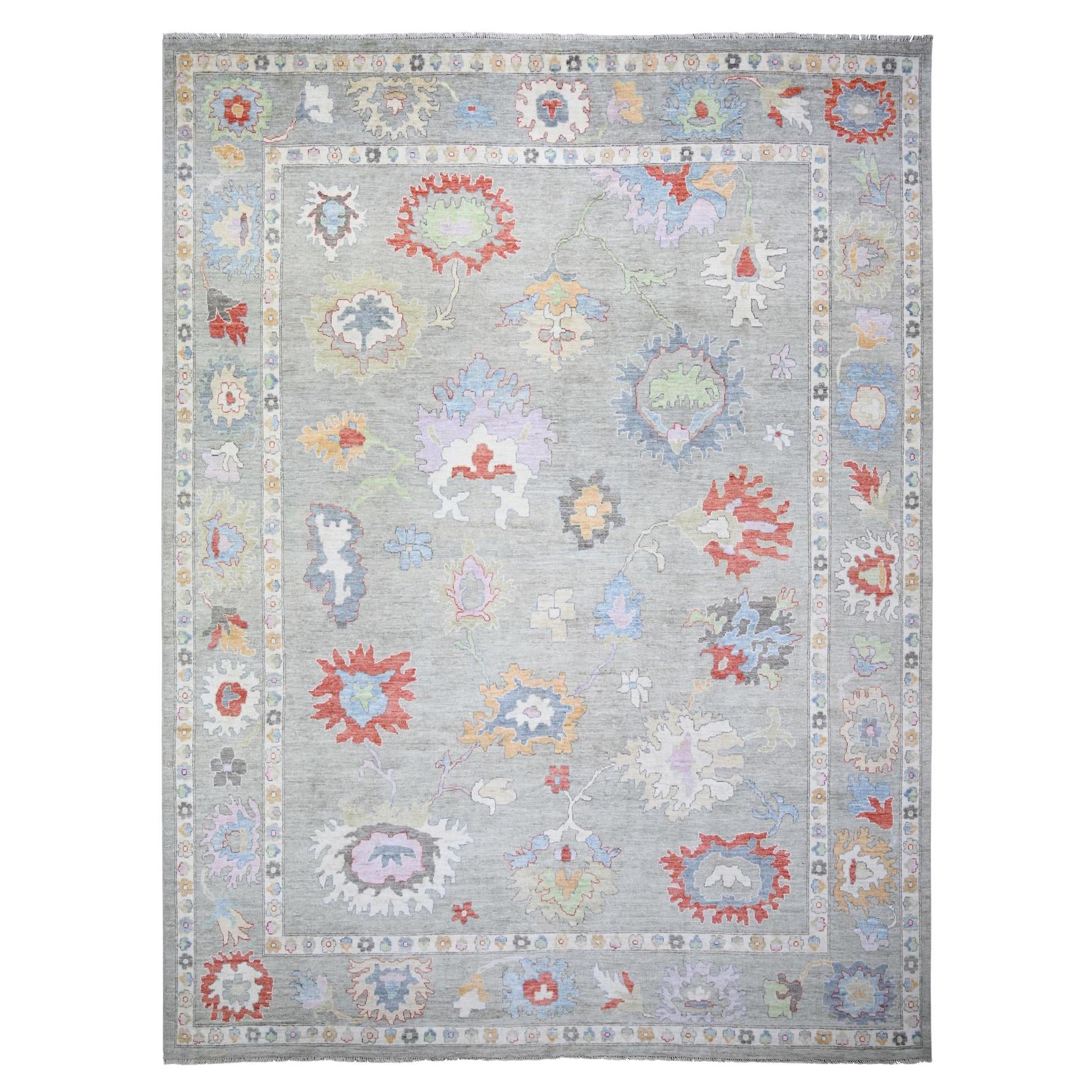 12'x15'8" Cloud Gray, Hand Knotted Wool, Afghan Angora Oushak Oriental Rug
