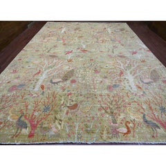 12'x15'8" Grüner Peshawar mit Paradiesvogel-Design Handgeknüpfter Wolle XL Teppich