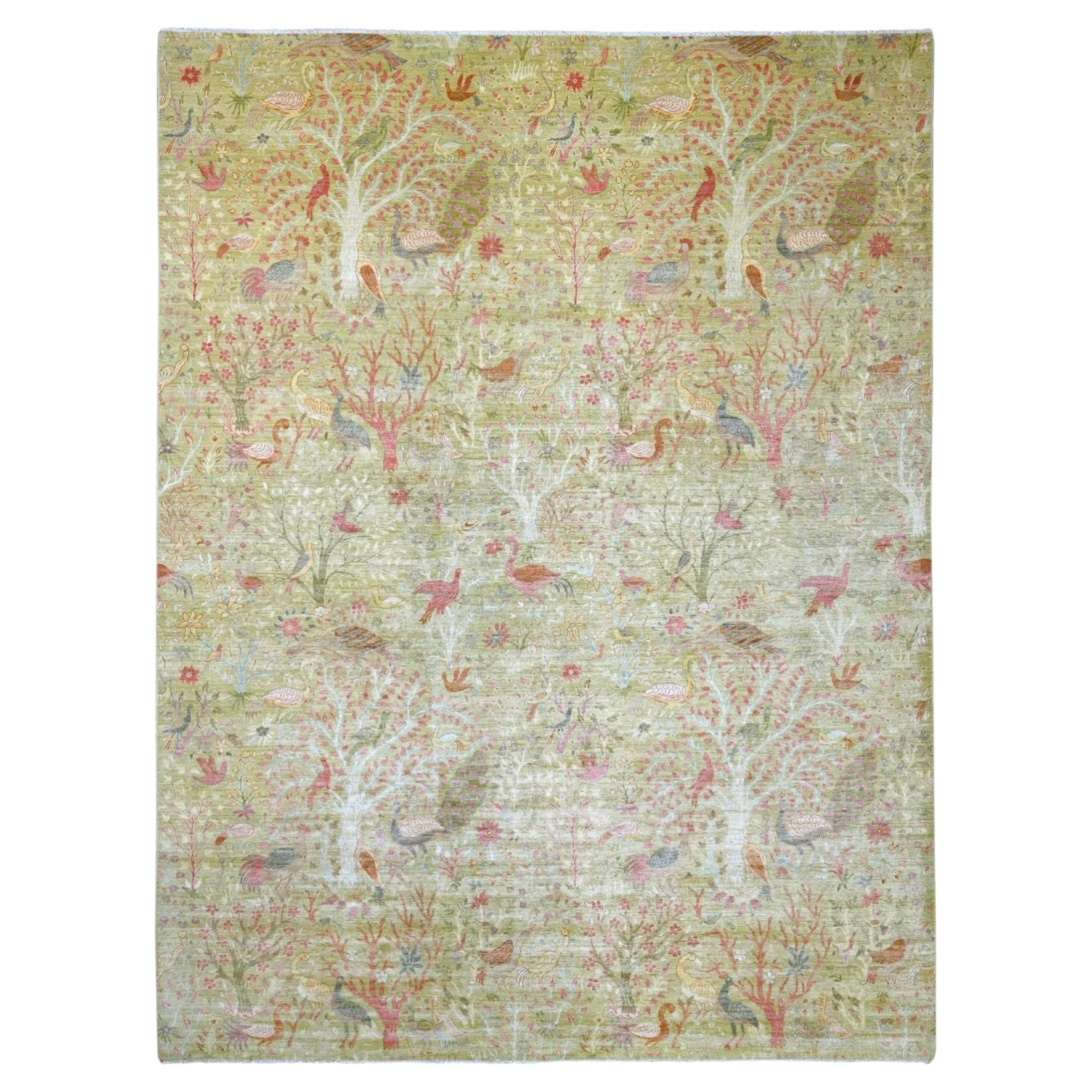 12'x15'8" Green Peshawar with Birds of Paradise Design Hand Knotted Wool XL Rug
