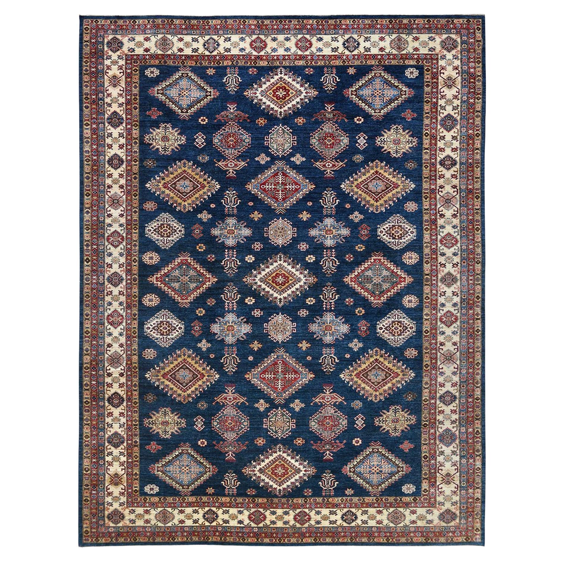 12'x15'9" Azure Blue Afghan Super Kazak 100% Wool Hand Knotted Oriental Rug