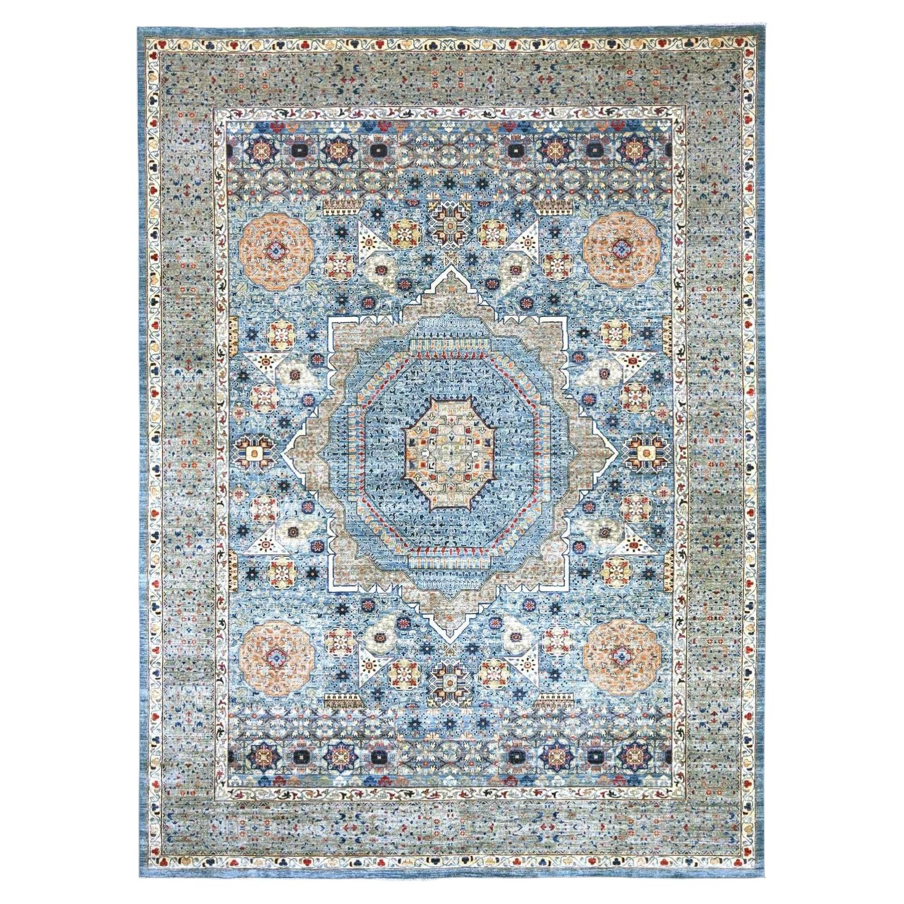 12'x15'9" Blue 14th Century Mamluk Dynasty Pattern Hand Knotted Pure Wool Rug
