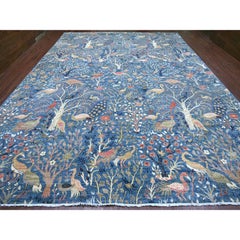 12'x15'9" Blue Peshawar with Birds of Paradise Design Hand Knotted Wool XL Rug
