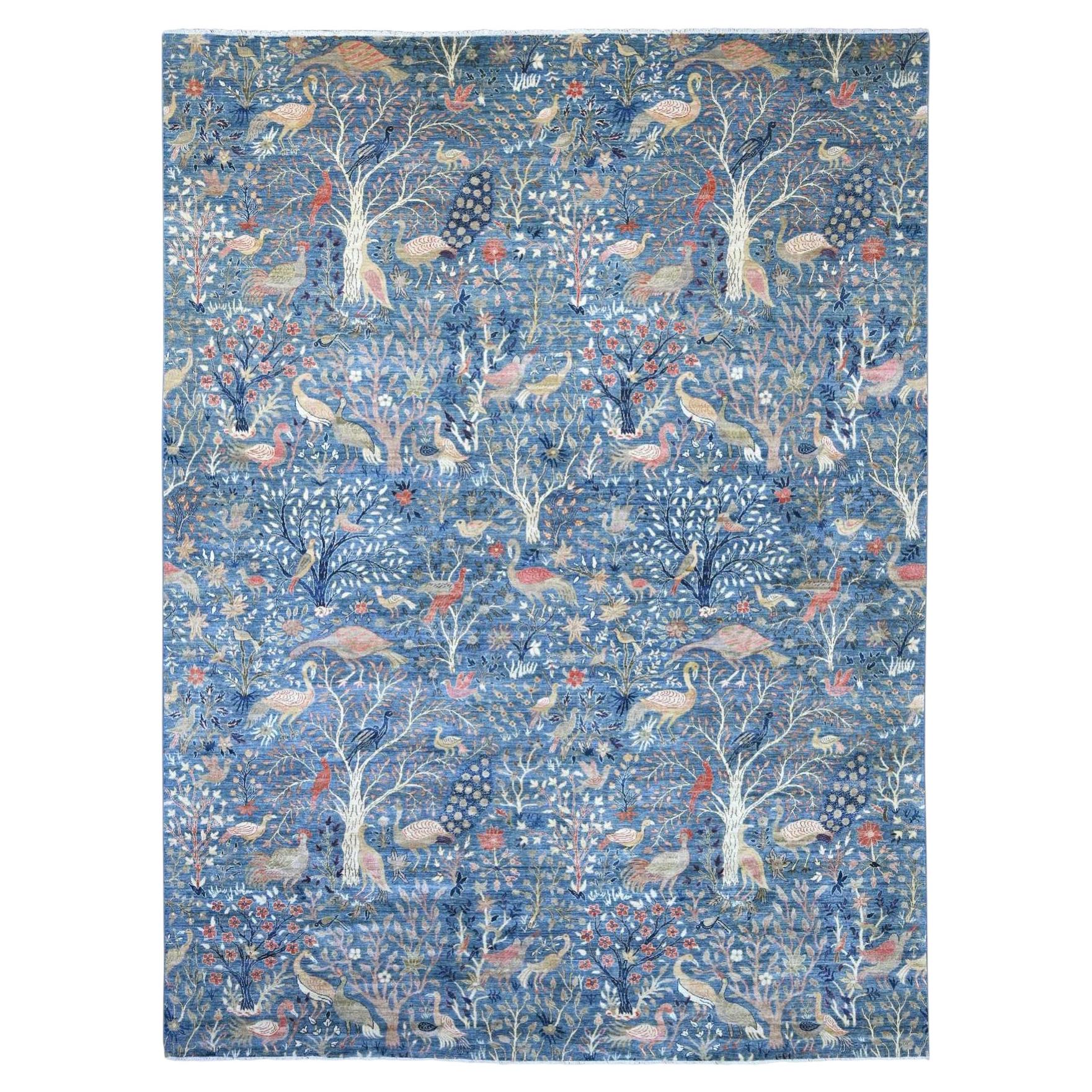 12'x15'9" Blue Peshawar with Birds of Paradise Design Hand Knotted Wool XL Rug For Sale