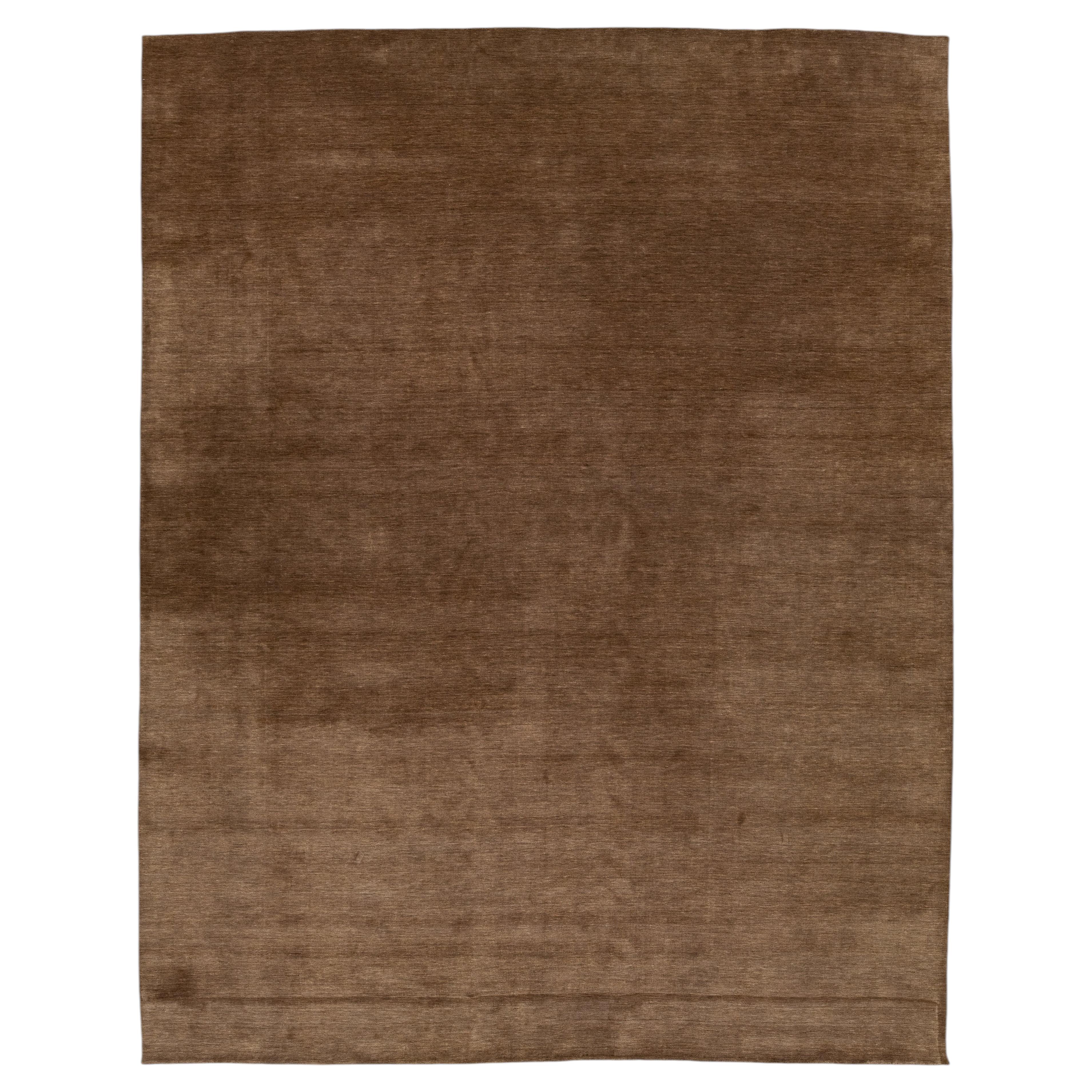 12x16 Apadana's Modern Gabbeh Hand-Loom Wool Area Rug In Chestnut Brown