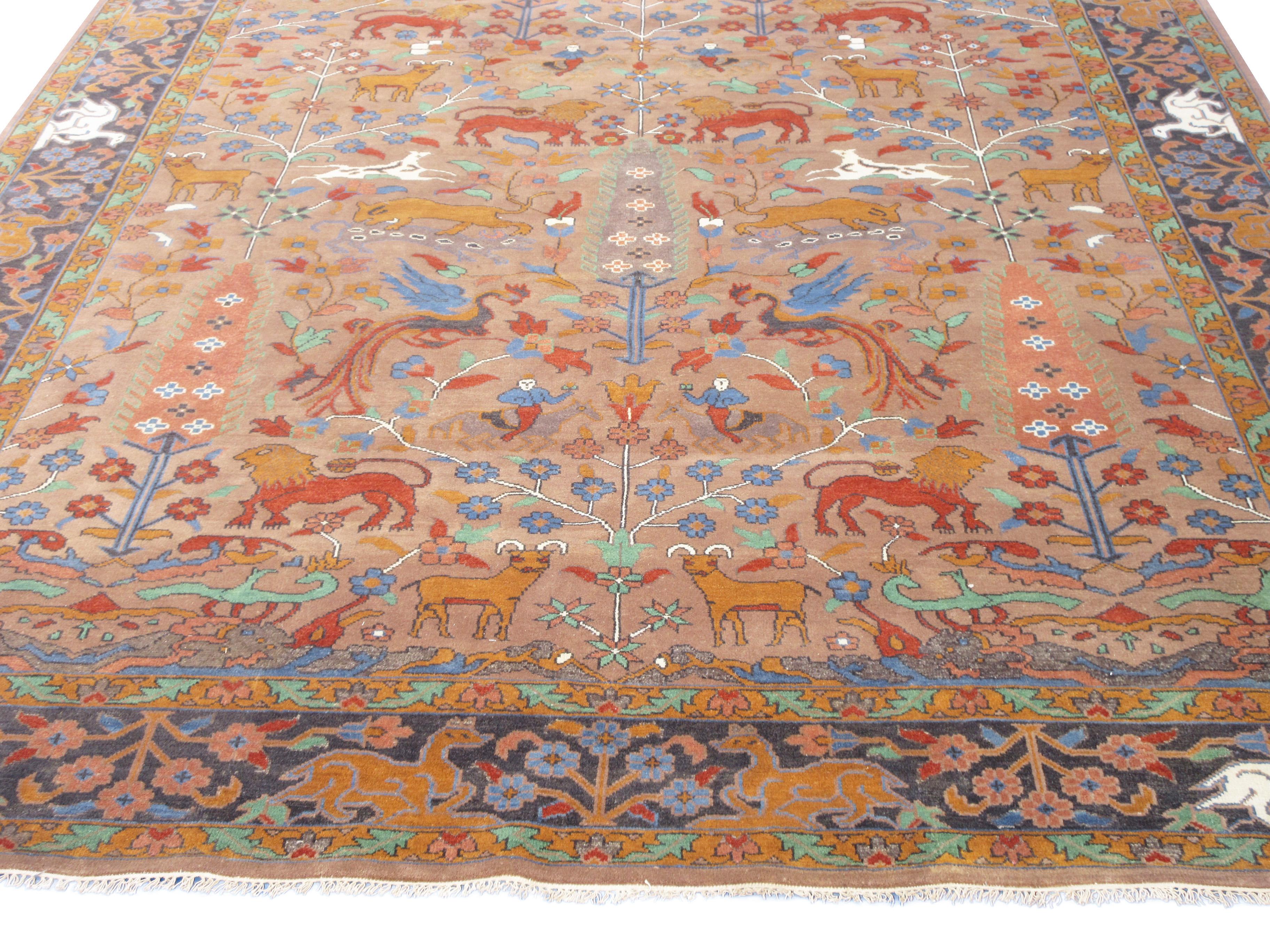 Hand-Knotted Birds & Lions Design Rug For Sale