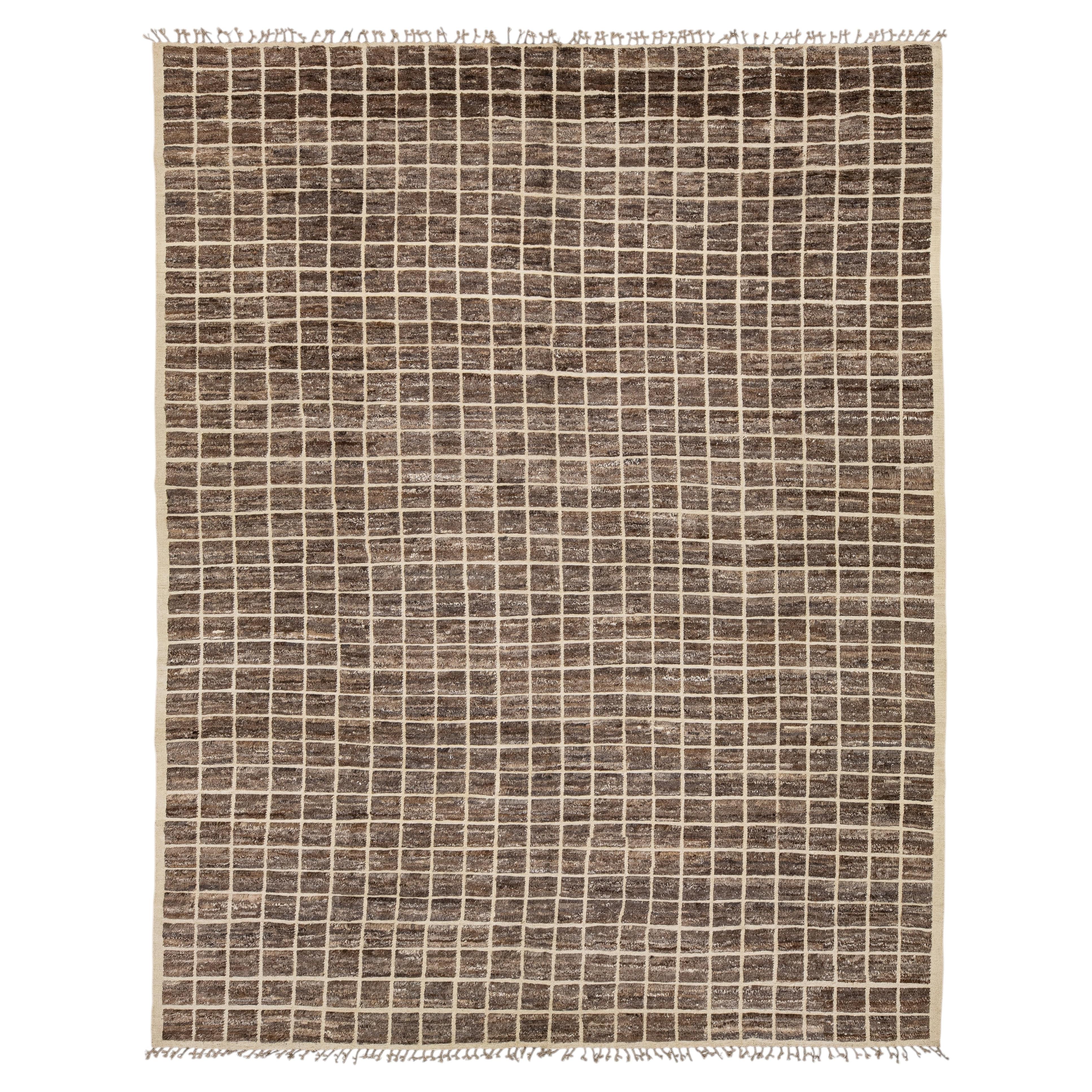 12x16 Brown Modern Moroccan Style Grid Hand-Knotted Wool Area Rug