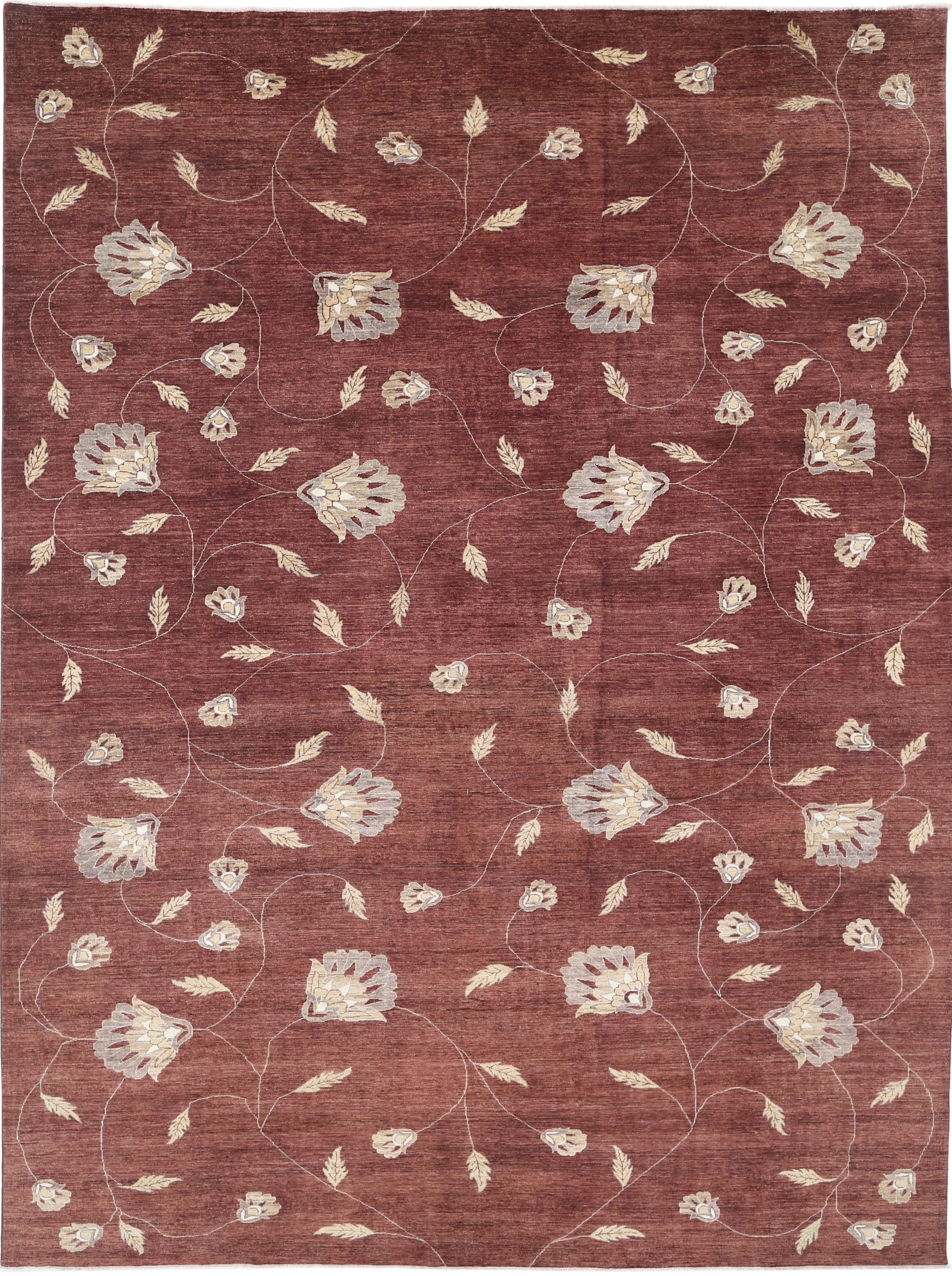 12x16 ft Handknotted Red and Beige Wool Oversized Rug. Floral Vine Design Carpet