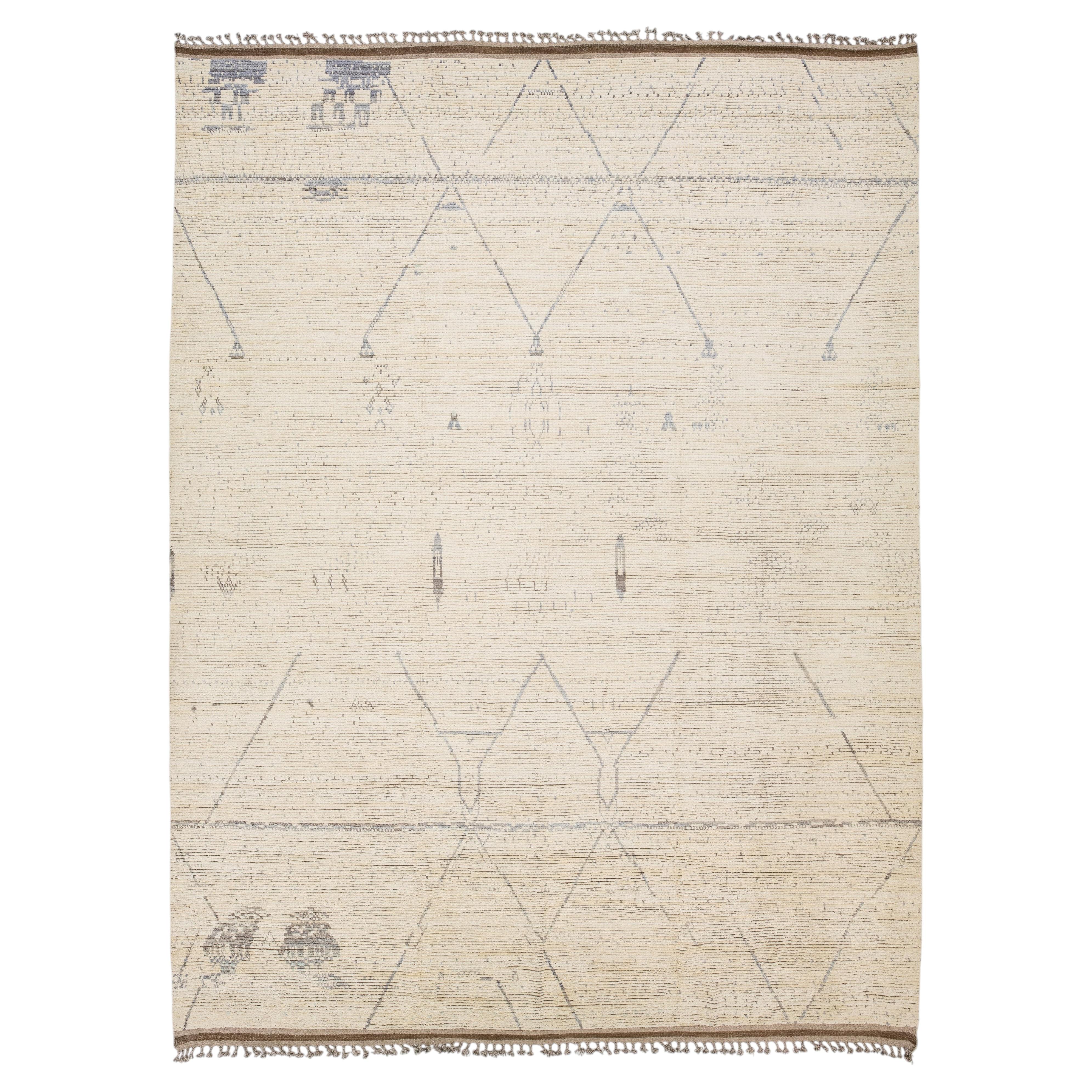 12x16 Hand-Knotted Modern Moroccan Style Geometric Wool Rug In Soft Cream