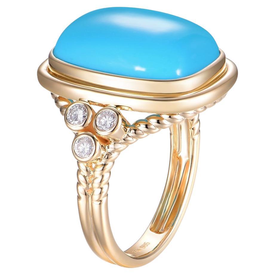 Cette bague remarquable est centrée sur une captivante turquoise de 12 x 16 mm taillée en coussin, dont la teinte bleue sereine rappelle le ciel clair d'un jour d'été. La turquoise lisse et bombée est solidement nichée dans une riche monture en or