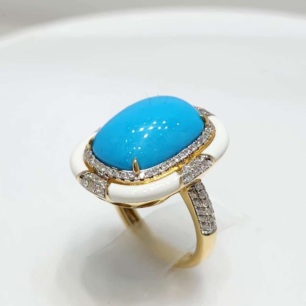 Art déco Bague de style Art Déco en or jaune 14K avec turquoise, émail et diamant 12x16mm en vente