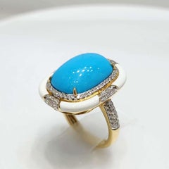 12x16mm Turquoise Enamel Diamond Art Deco Style Ring in 14K Yellow Gold