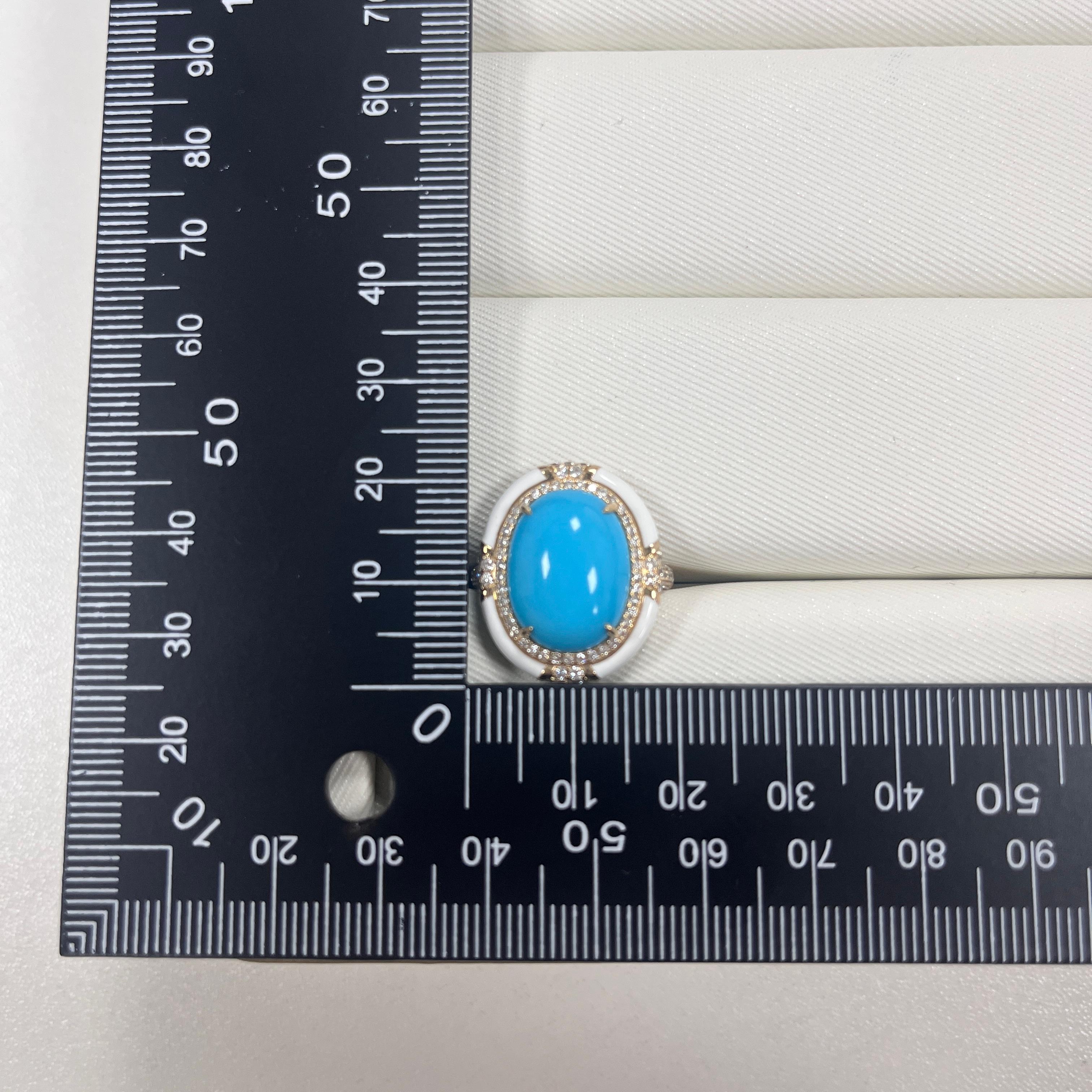 Taille cabochon Bague de style Art Déco en or jaune 14K avec turquoise, émail et diamant 12x16mm en vente