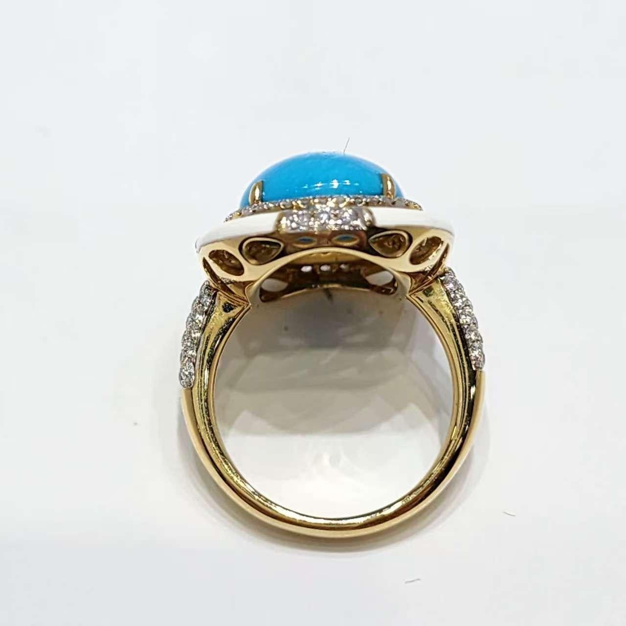 Taille cabochon Bague de style Art Déco en or jaune 14K avec turquoise, émail et diamant 12x16mm en vente