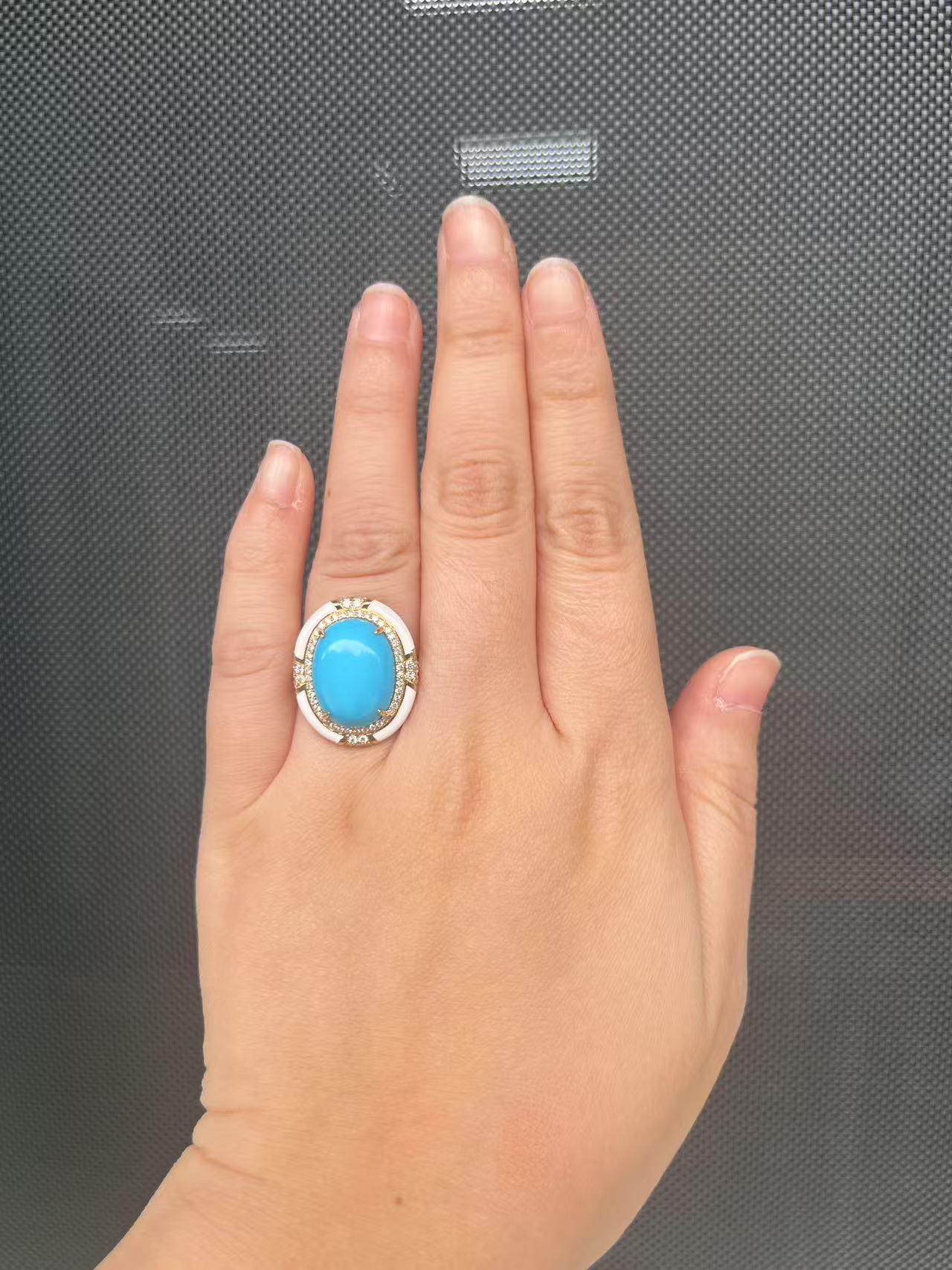 Bague de style Art Déco en or jaune 14K avec turquoise, émail et diamant 12x16mm Neuf - En vente à Hong Kong, HK