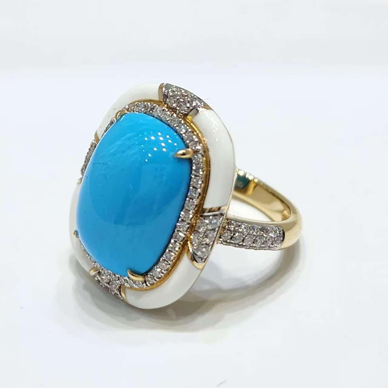 Bague de style Art Déco en or jaune 14K avec turquoise, émail et diamant 12x16mm Neuf - En vente à Hong Kong, HK