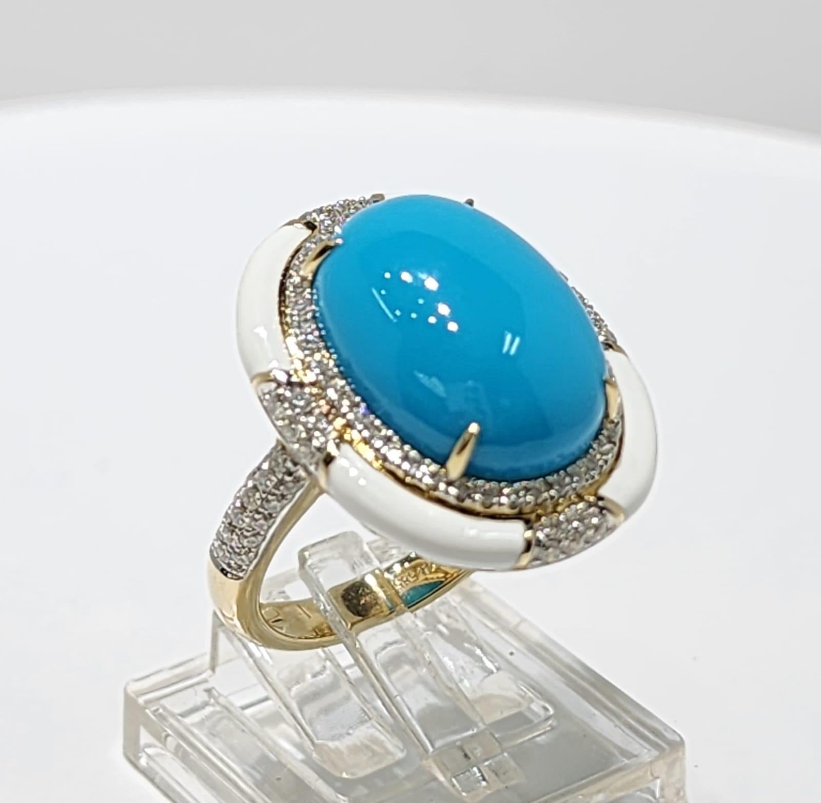 Bague de style Art Déco en or jaune 14K avec turquoise, émail et diamant 12x16mm Pour femmes en vente