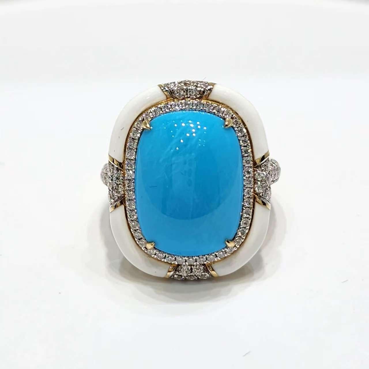 Bague de style Art Déco en or jaune 14K avec turquoise, émail et diamant 12x16mm Pour femmes en vente