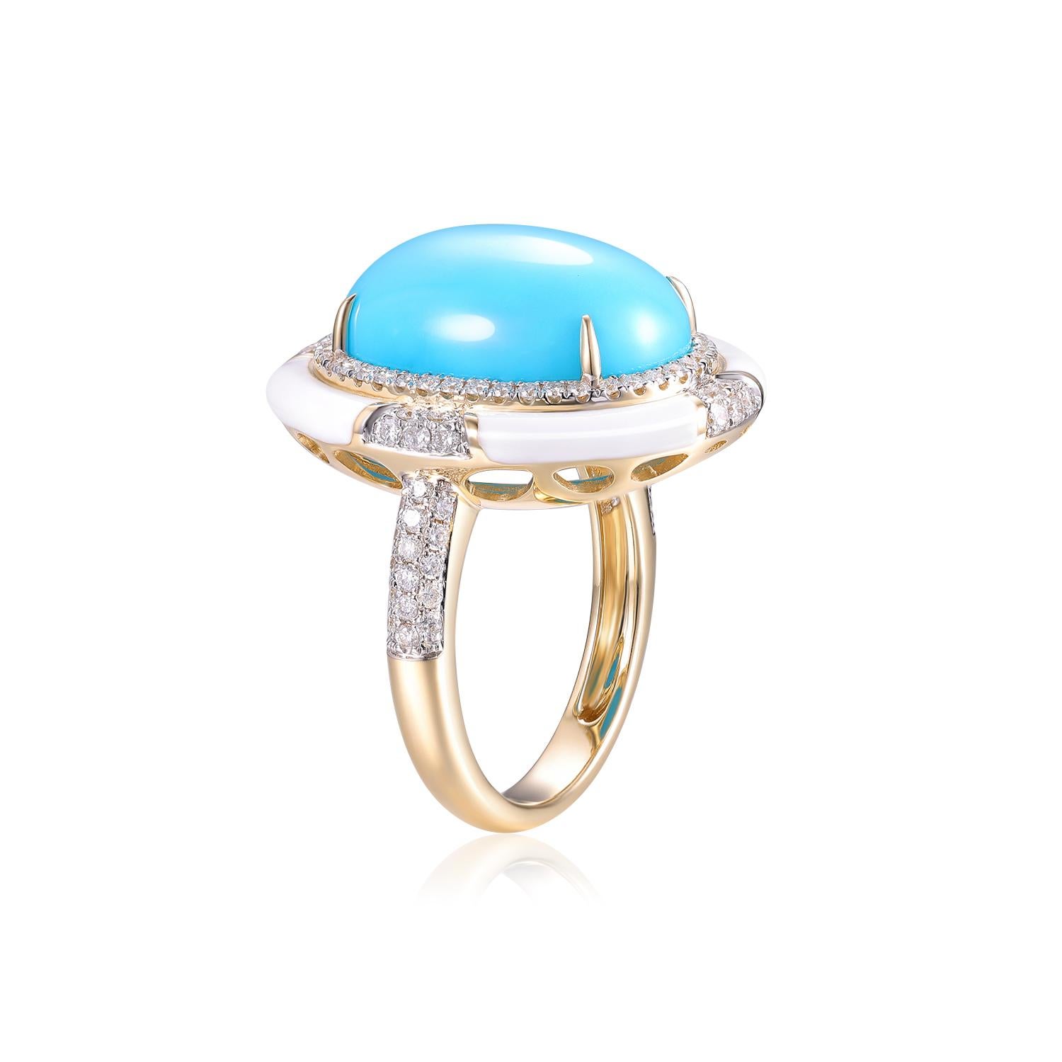 Bague de style Art Déco en or jaune 14K avec turquoise, émail et diamant 12x16mm en vente 1