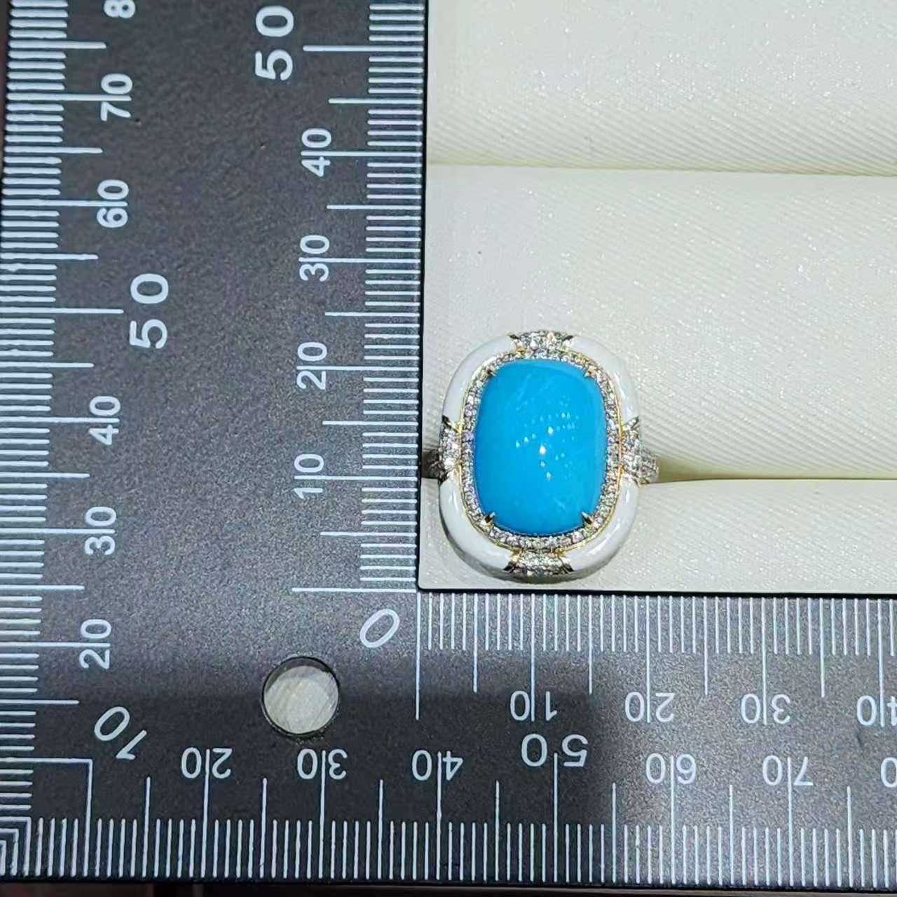 Bague de style Art Déco en or jaune 14K avec turquoise, émail et diamant 12x16mm en vente 1