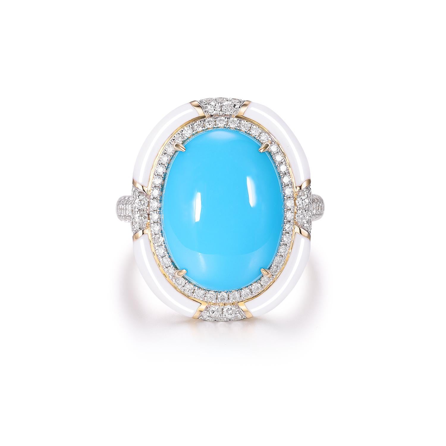 Bague de style Art Déco en or jaune 14K avec turquoise, émail et diamant 12x16mm en vente 2