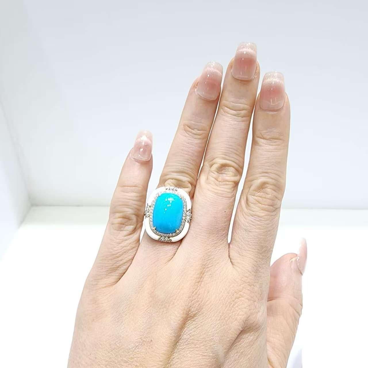 Bague de style Art Déco en or jaune 14K avec turquoise, émail et diamant 12x16mm en vente 2