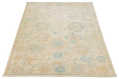 12x17 Transitional Turkish Oushak Inspired Rug Neutral Ivory and Blue Wool