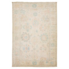 12x17 Transitional Turkish Oushak Inspired Rug Neutral Ivory and Blue Wool