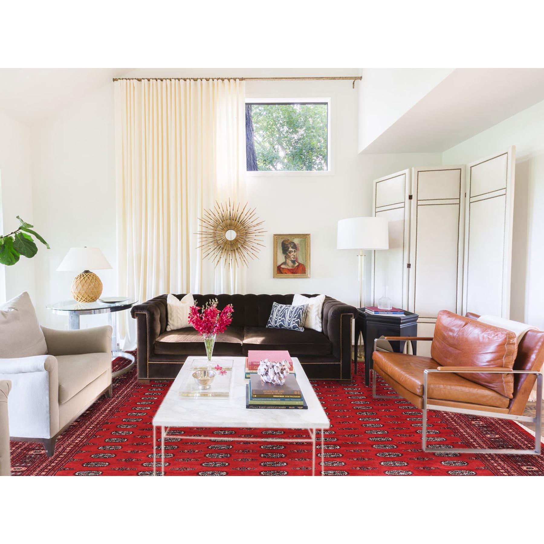 This is a truly genuine one-of-a-kind Deep and Rich Red, Mori Bokara with Geometric Medallions Design, Natural Wool Hand Knotted, Oversized Oriental Rug. It has been Knotted for months and months in the centuries-old weaving craftsmanship techniques