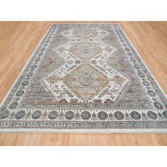 12'x17'10" Marfil Anudada a Mano Borde de Rosetas de Flores Alfombra Oriental de Lana de Gran Tamaño