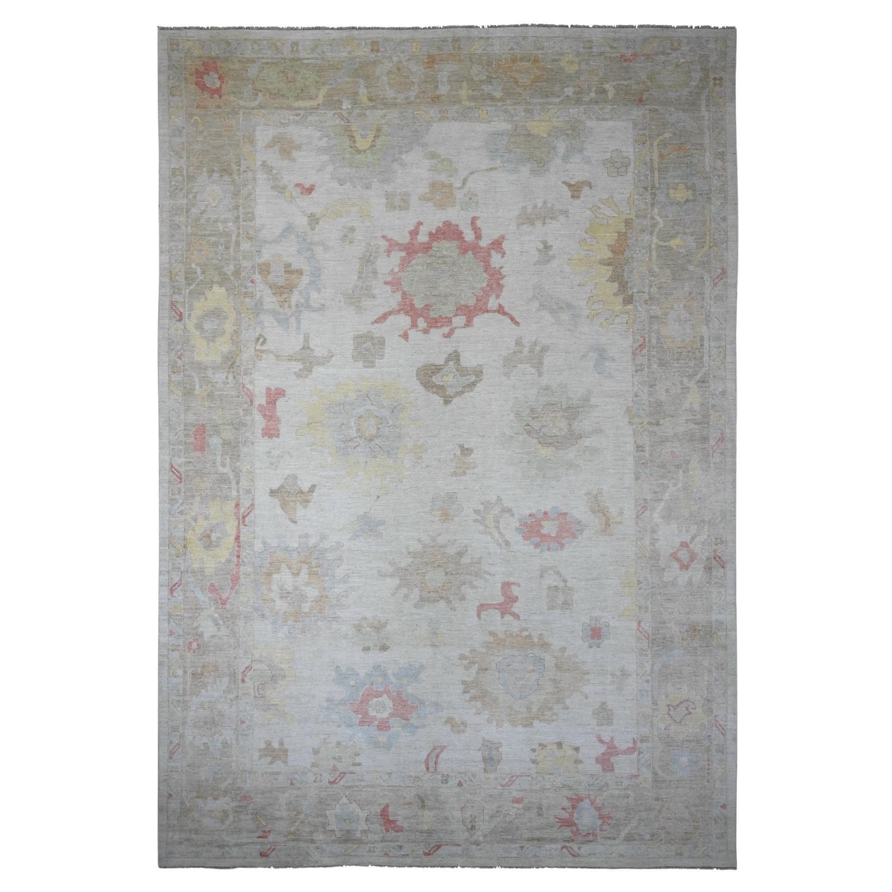 12'x17'4" White Afghan Angora Oushak Leaf Design Hand Knotted Wool Oriental Rug