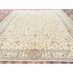 Tapis en laine 12'x17'5" (3,66 m x 5,31 m) de couleur ivoire, style Tabriz indien vintage, motif intégral, noué à la main, propre