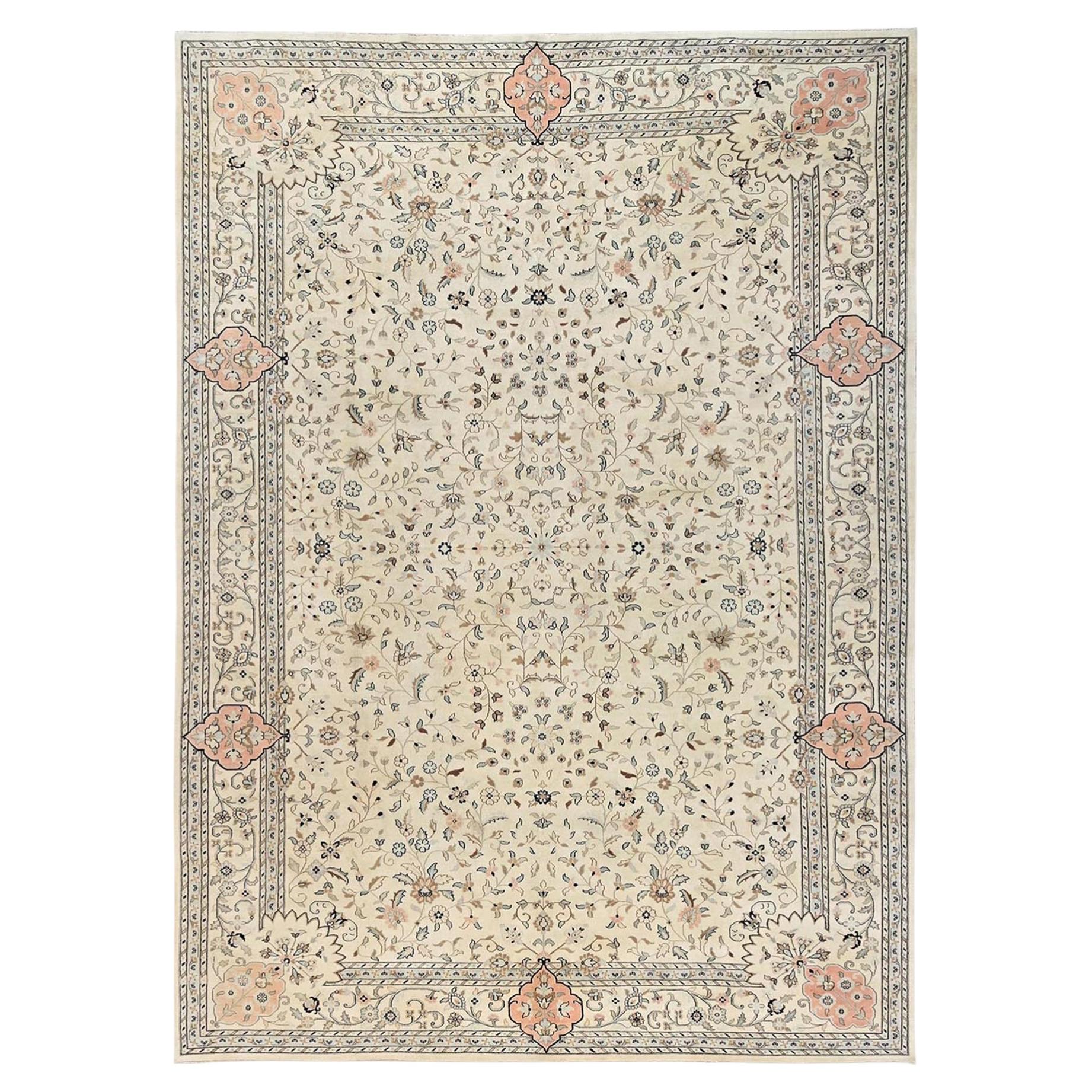 12'x17'5" Ivory Vintage Indo Tabriz All Over Design Hand Knotted Wool Clean Rug