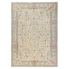 Tapis en laine 12'x17'5" (3,66 m x 5,31 m) de couleur ivoire, style Tabriz indien vintage, motif intégral, noué à la main, propre