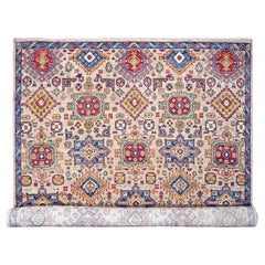 Tappeto in lana annodato a mano 12'x17'9" cammello con disegno geometrico blu Karajeh Heriz