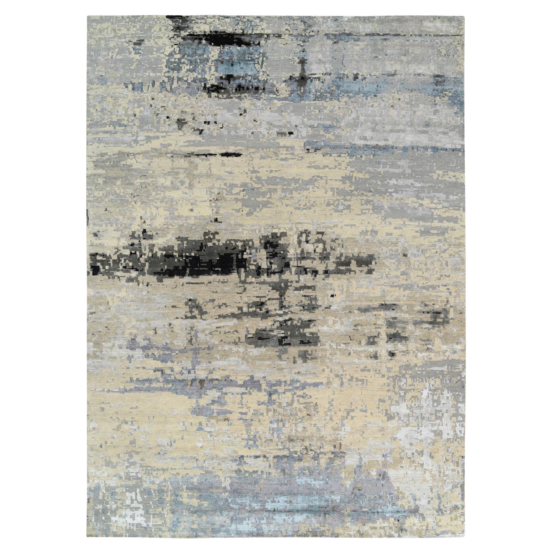 Tappeto oversize 12'x17'9" grigio, in lana e seta, annodato a mano, con design astratto e moderno