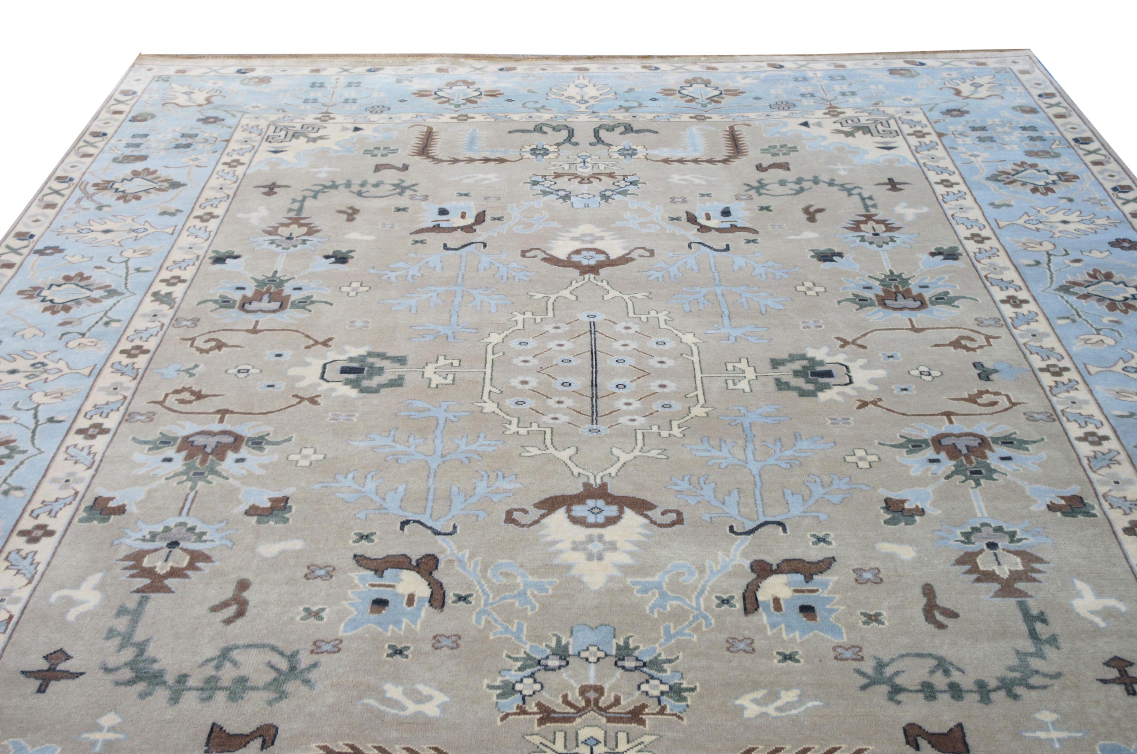 Hand-Knotted Beige Oushak For Sale