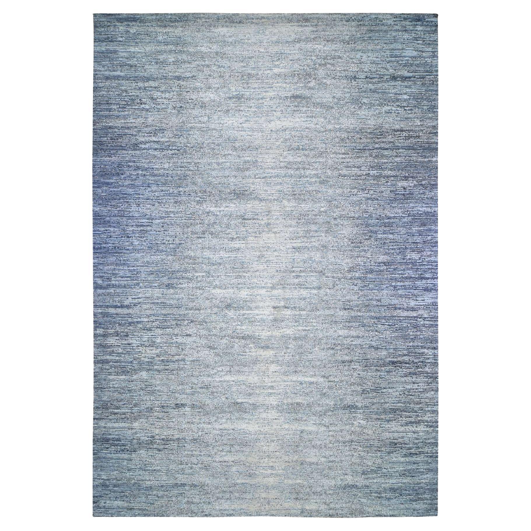 12'x18' Alfombra oriental anudada a mano con diseño ombre de lana oceánica azul y seda pura