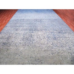 12'x18' Denim Blue, Modern, Hand Knotted Pure Silk and Wool Oversized Rug