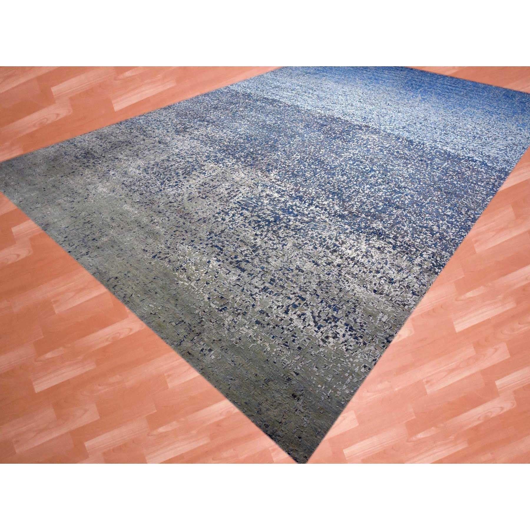 12'x18' Denim Blau, Moderner, handgeknüpfter Teppich aus reiner Seide und Wolle in Übergröße (Handgeknüpft) im Angebot