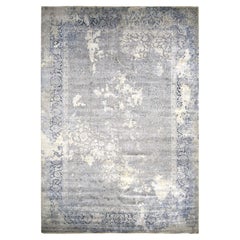 Tapis surdimensionné gris avec motif persan effacé en laine et soie nouée à la main 12'x18'